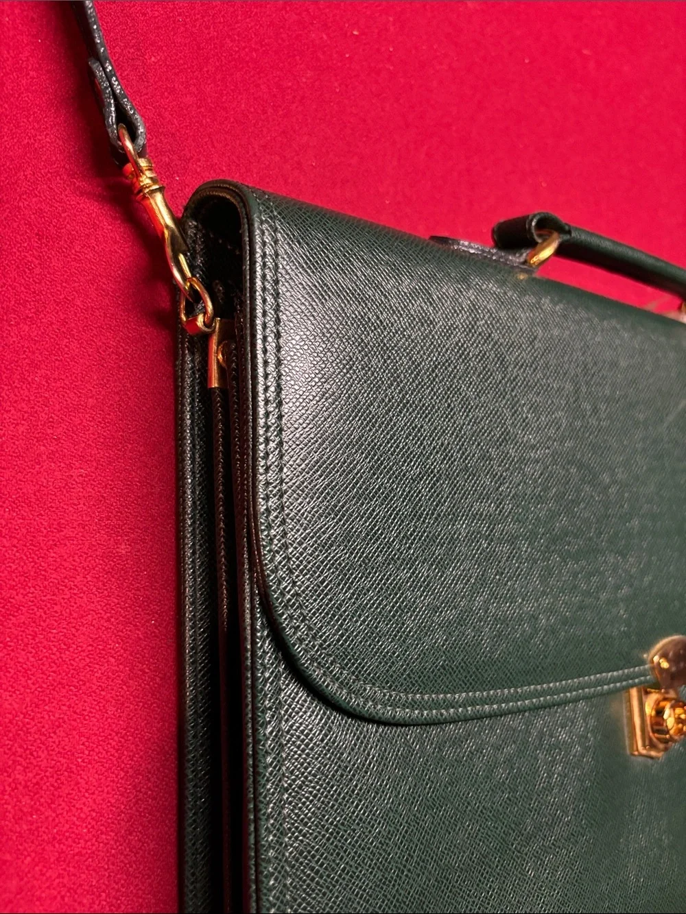 vintage dark green or forest green textured leather briefcase